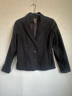 Women's Classic Black Linen Blazer Jacket Floral Embroidered Sz 10 Boho Summer